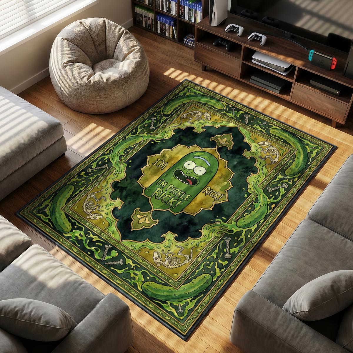 Close-up of Pickle Rick area rug showing dripping green dye-sublimation and gold leaf detail