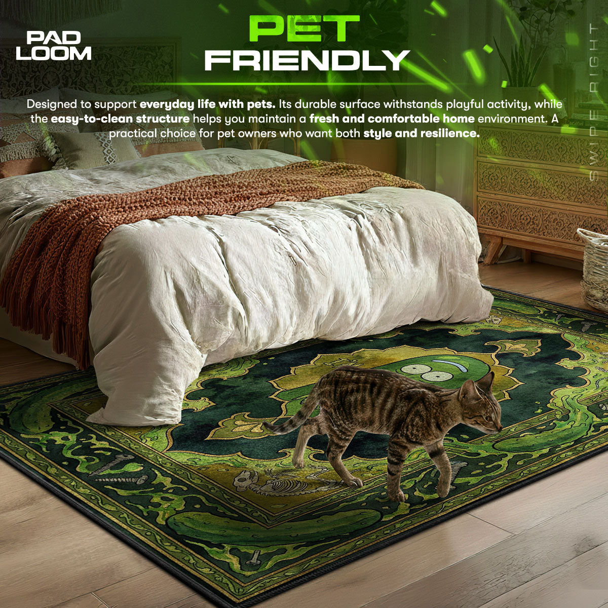 Pickle Rick themed area rug for home decor fans