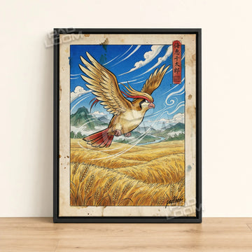Pidgeot Wheat Pokemon poster - framed canvas wall art in a black frame