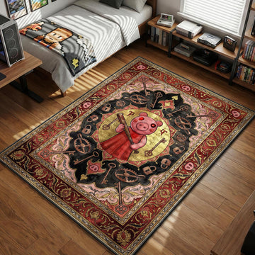 Roblox Piggy character holding baseball bat surrounded by bear traps and keys in vintage red carpet pattern gaming area rug and floor mat
