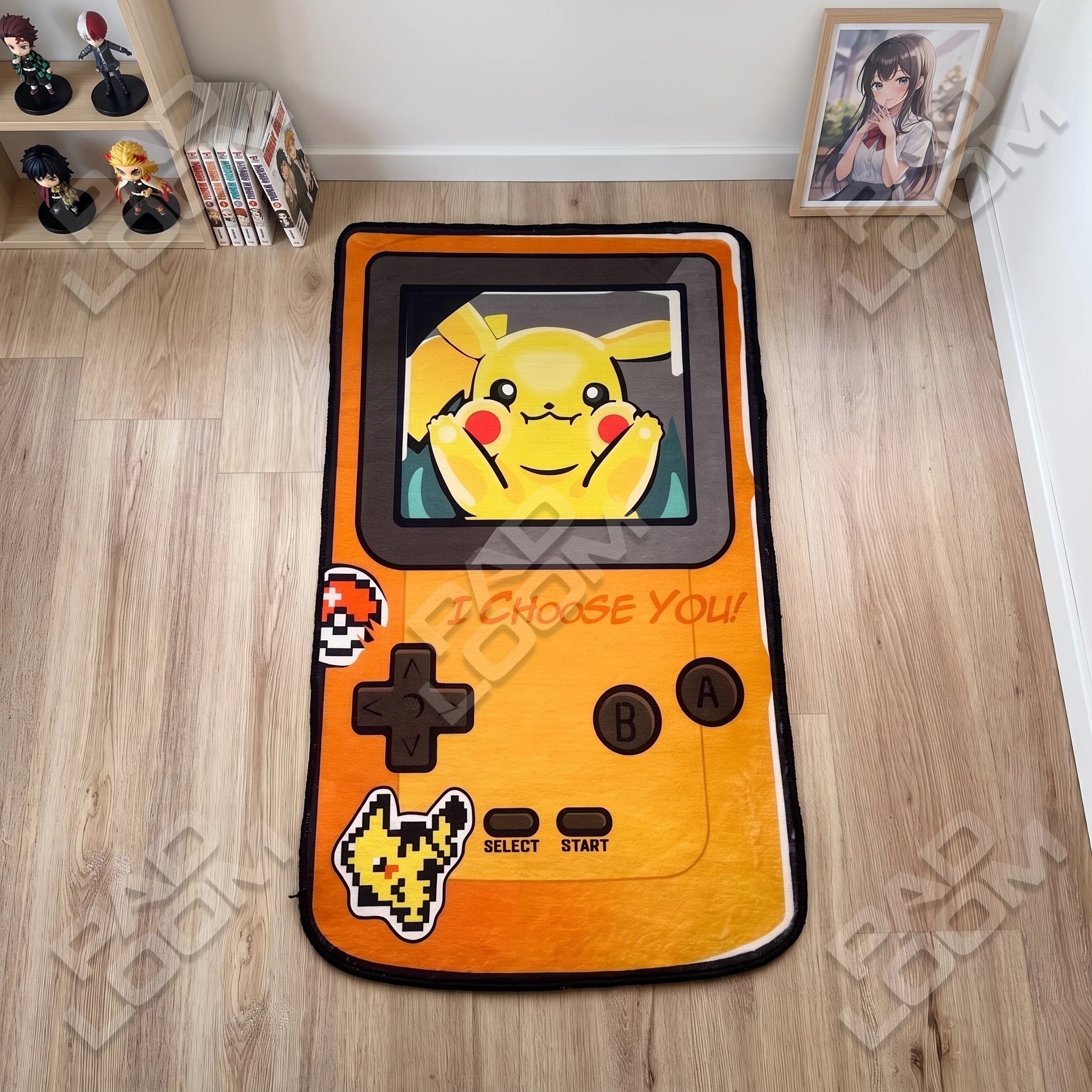 Pikachu Gameboy shaped rug shown in a room setting