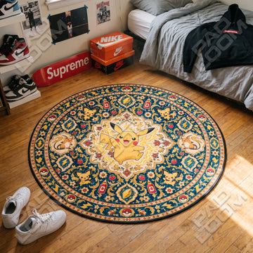 Pikachu Leaping Pokemon round rug on a bedroom floor - Pokemon chair mat