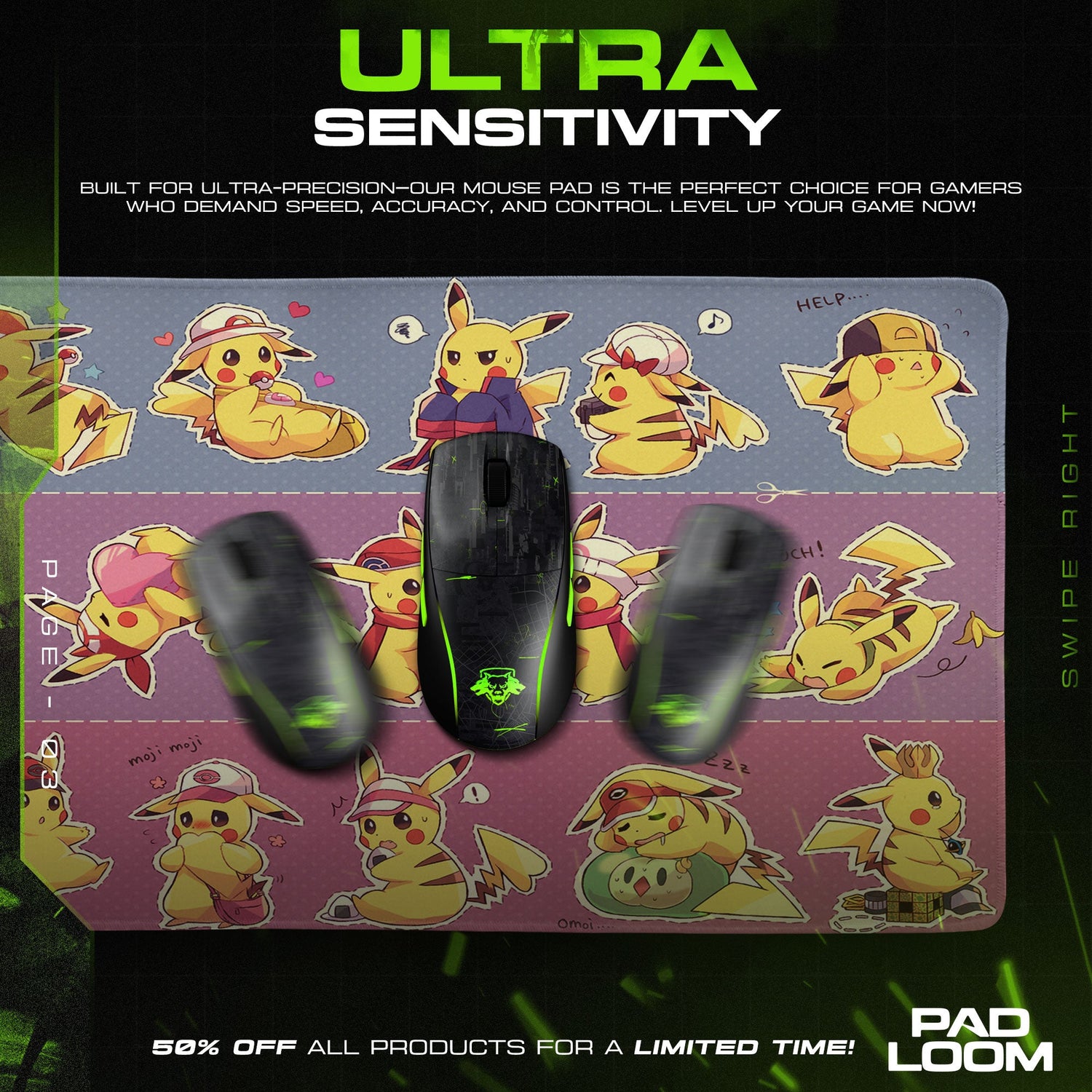 Pikachu Mouse Pad, Expressions Pokémon Gamer Desk Mat Padloom