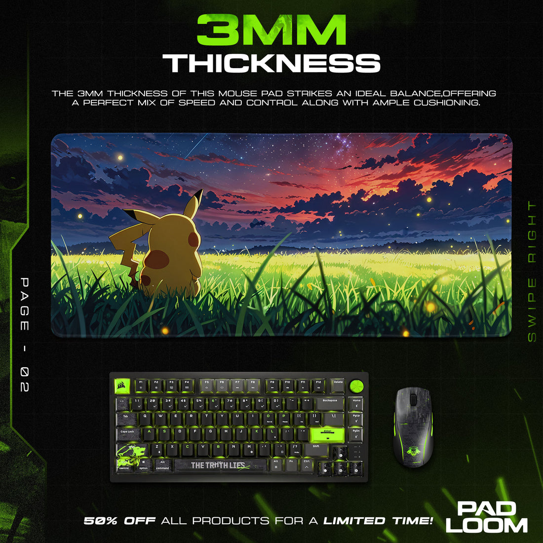 Pikachu – Sunset Meadow Mauspad, Spiel Anime Schreibtischunterlage