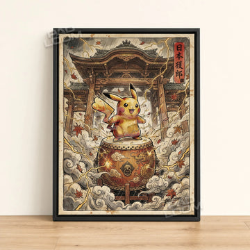 Pikachu Taiko Pokemon poster - framed canvas wall art in a black frame