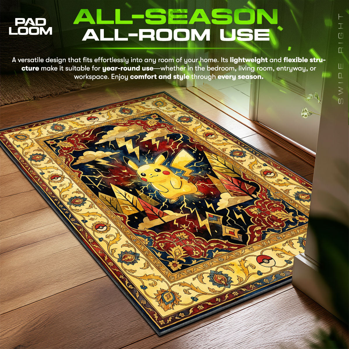 Pikachu Thunderbolt Chair fan rug — premium quality print