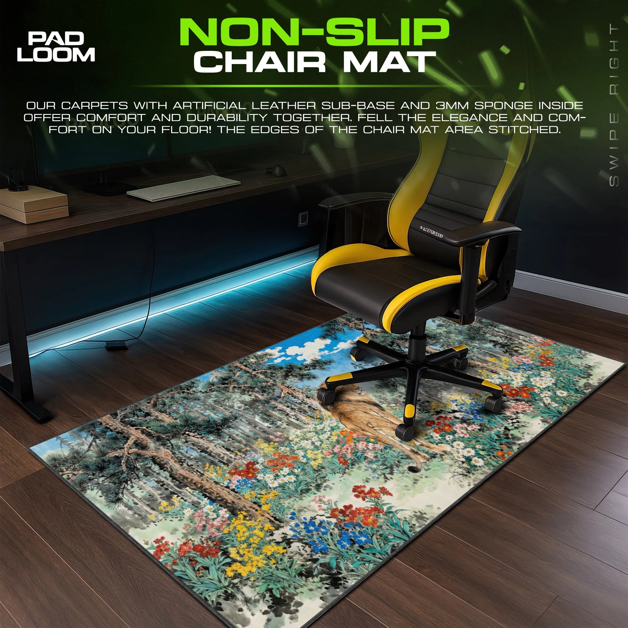 Pine Court Lion – stitched-edge, non-slip mouse pad detail