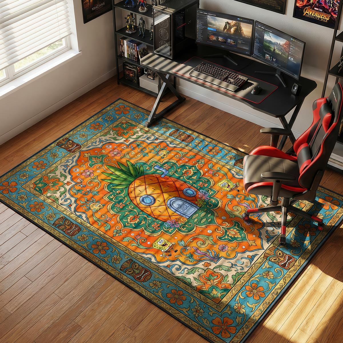 Pineapple house cartoon rug in a bright kids room with tropical decor and teal walls
