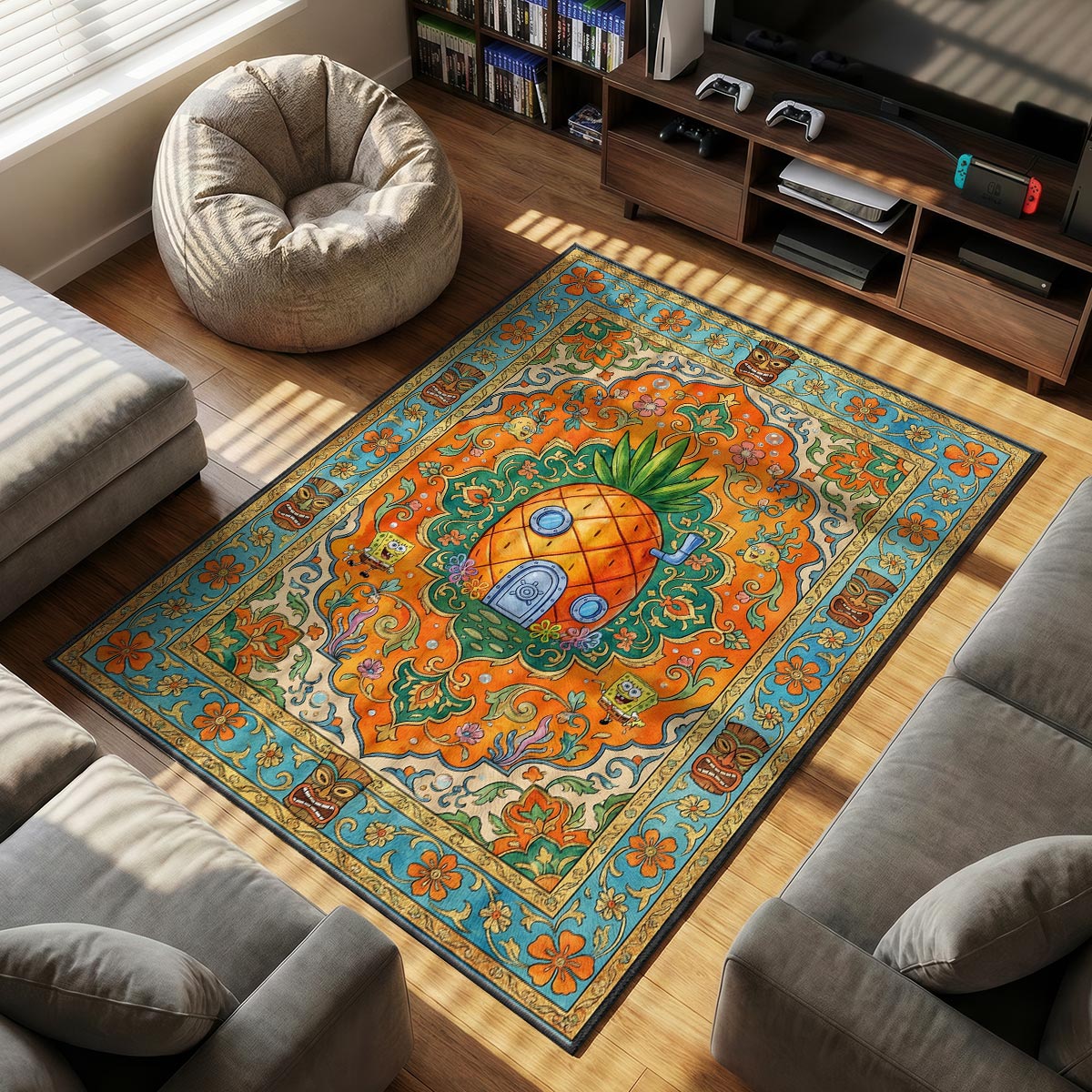 Close-up of pineapple house rug showing tiki head border and orange dye-sublimation detail
