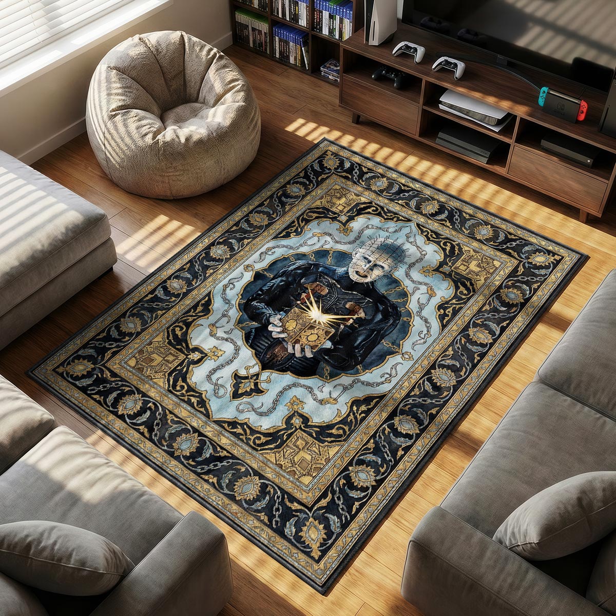 Pinhead Puzzle themed area rug for home decor fans