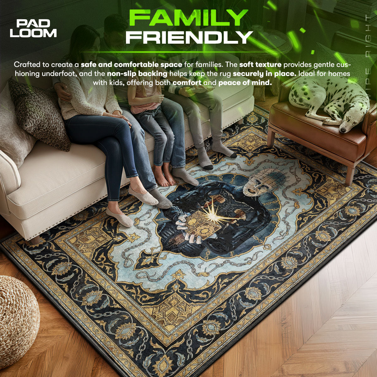Pinhead area rug showing full home decor artwork