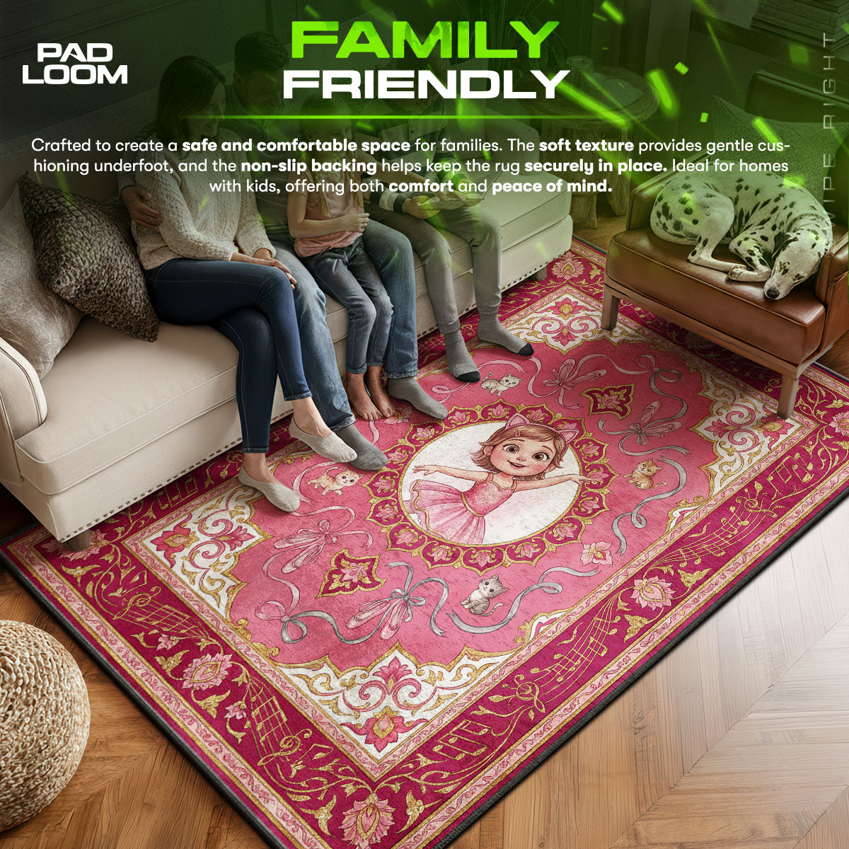 Pink area rug showing full home decor artwork