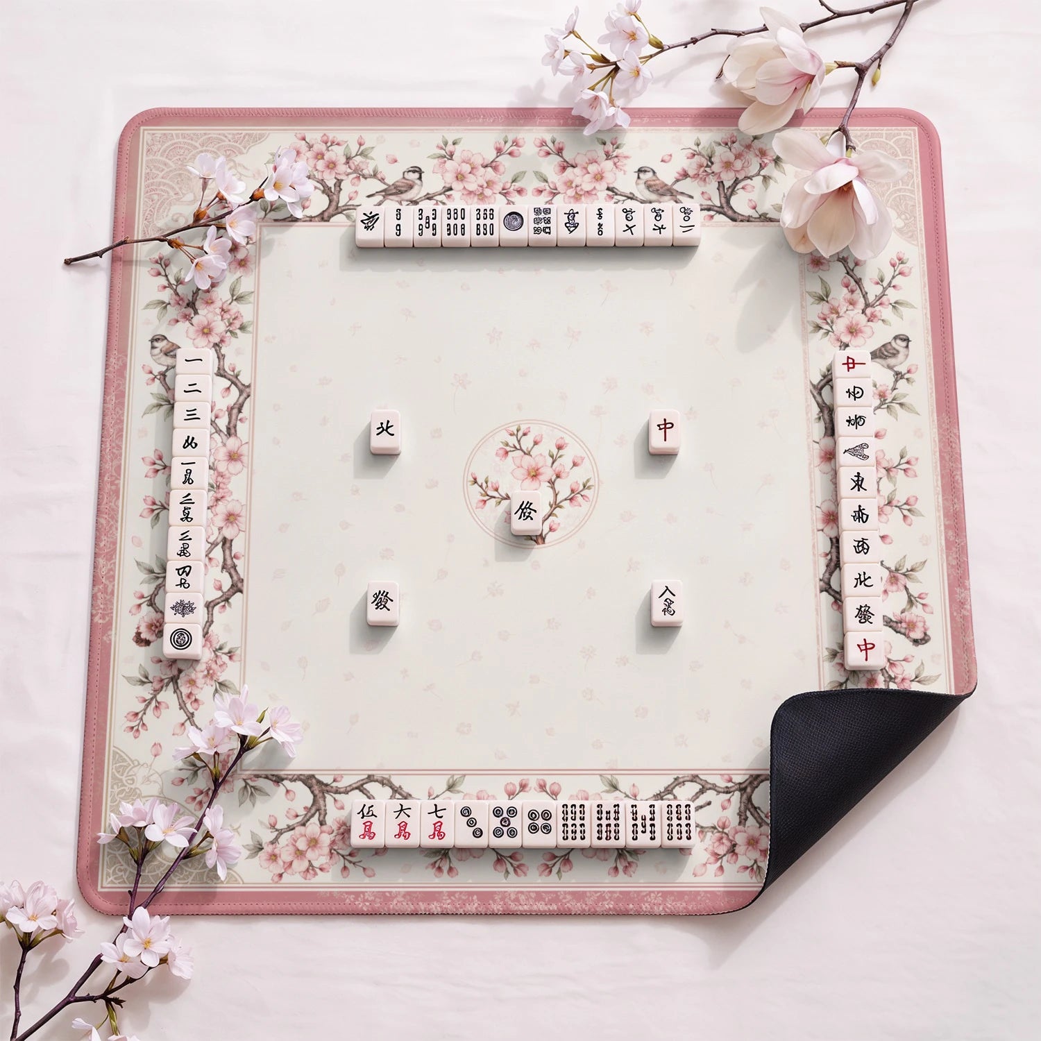 Pink Blossom Chinoiserie Mahjong Mat - Mah Jongg Mat
