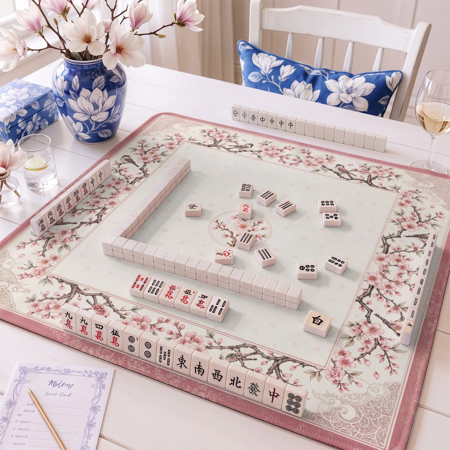 Pink Blossom Chinoiserie Mahjong Mat - Mah Jongg Mat