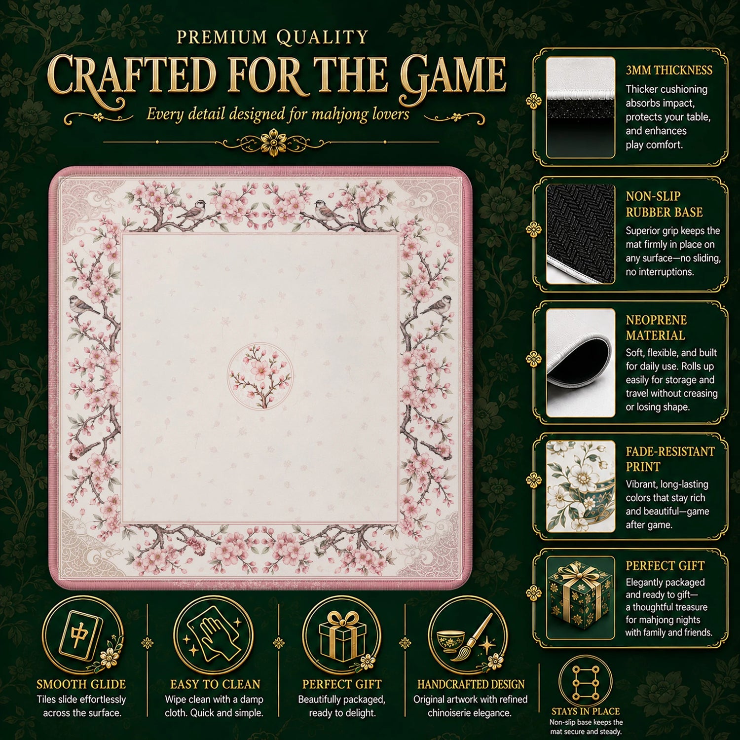 Pink Blossom Chinoiserie Mahjong Mat - Mah Jongg Mat