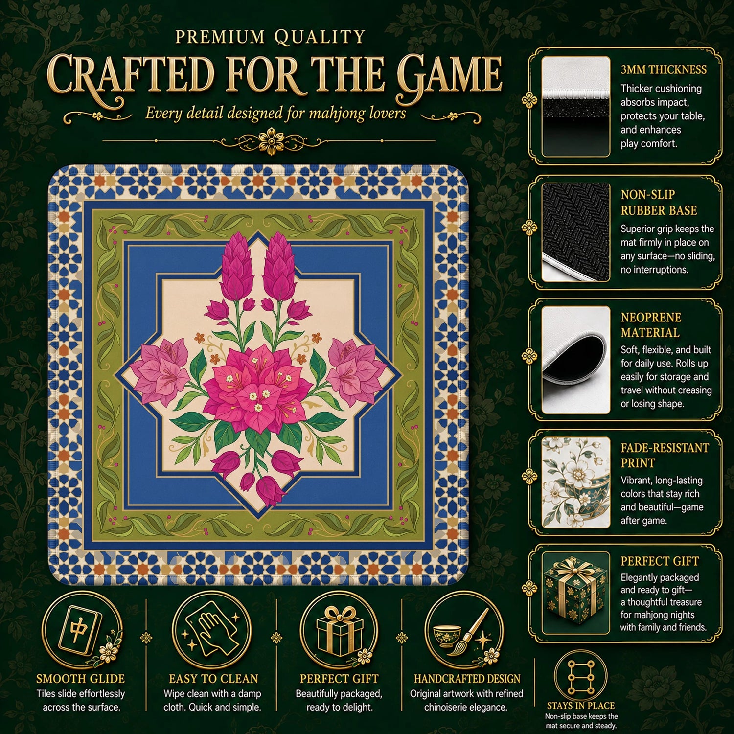 Pink Bougainvillea Mahjong Mat - Mah Jongg Mat