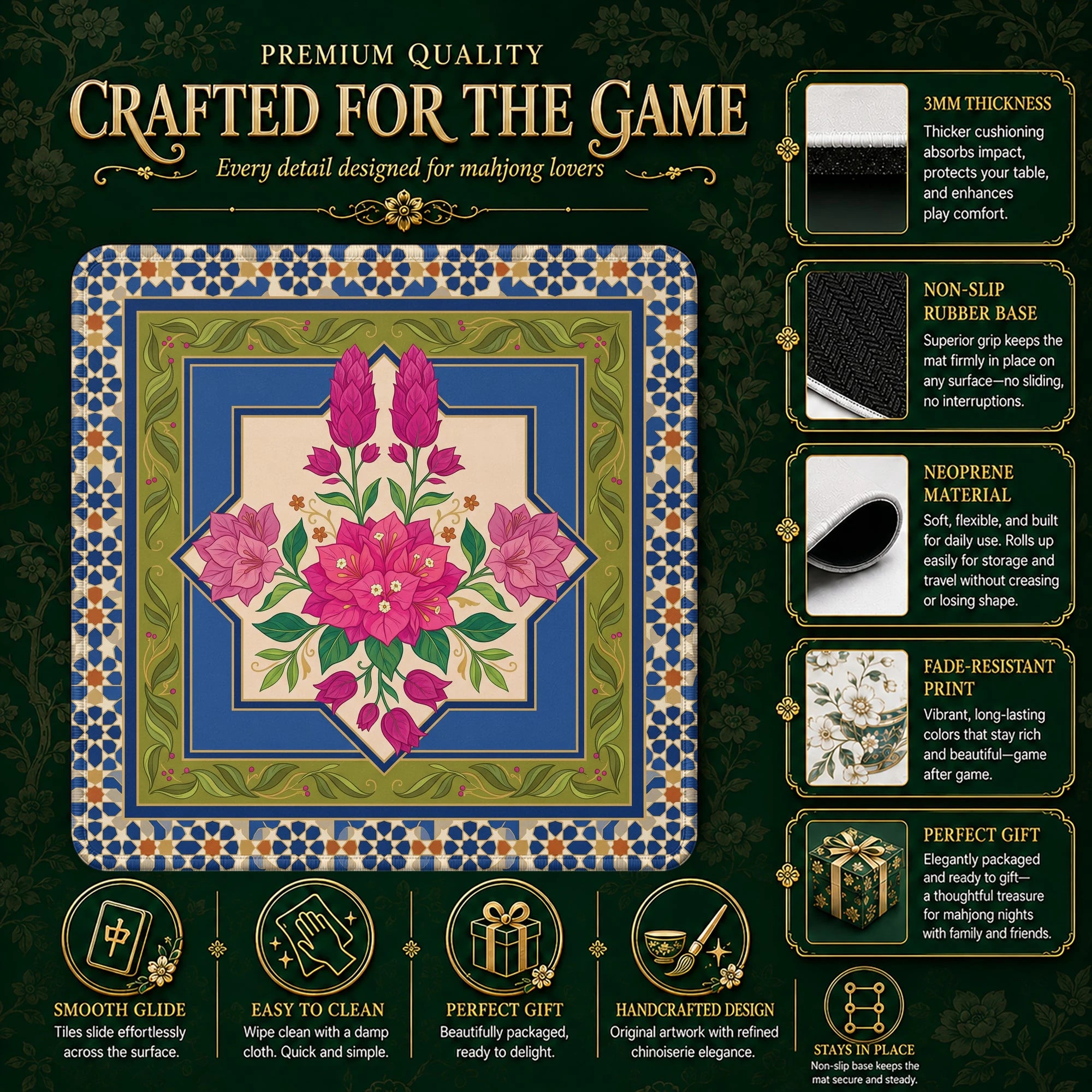Pink Bougainvillea Mahjong Mat - Mah Jongg Mat