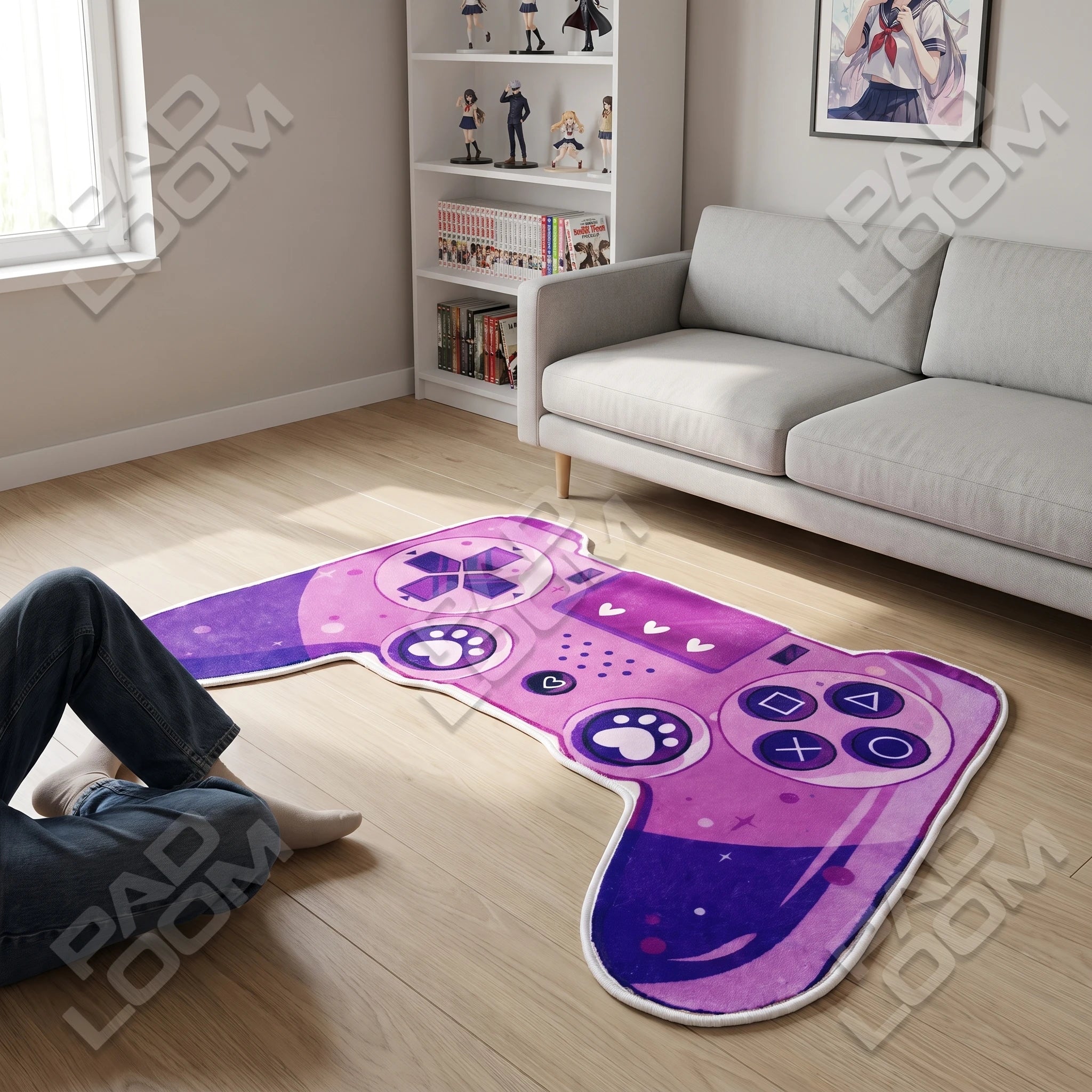 Pink Controller shaped rug shown in a room setting