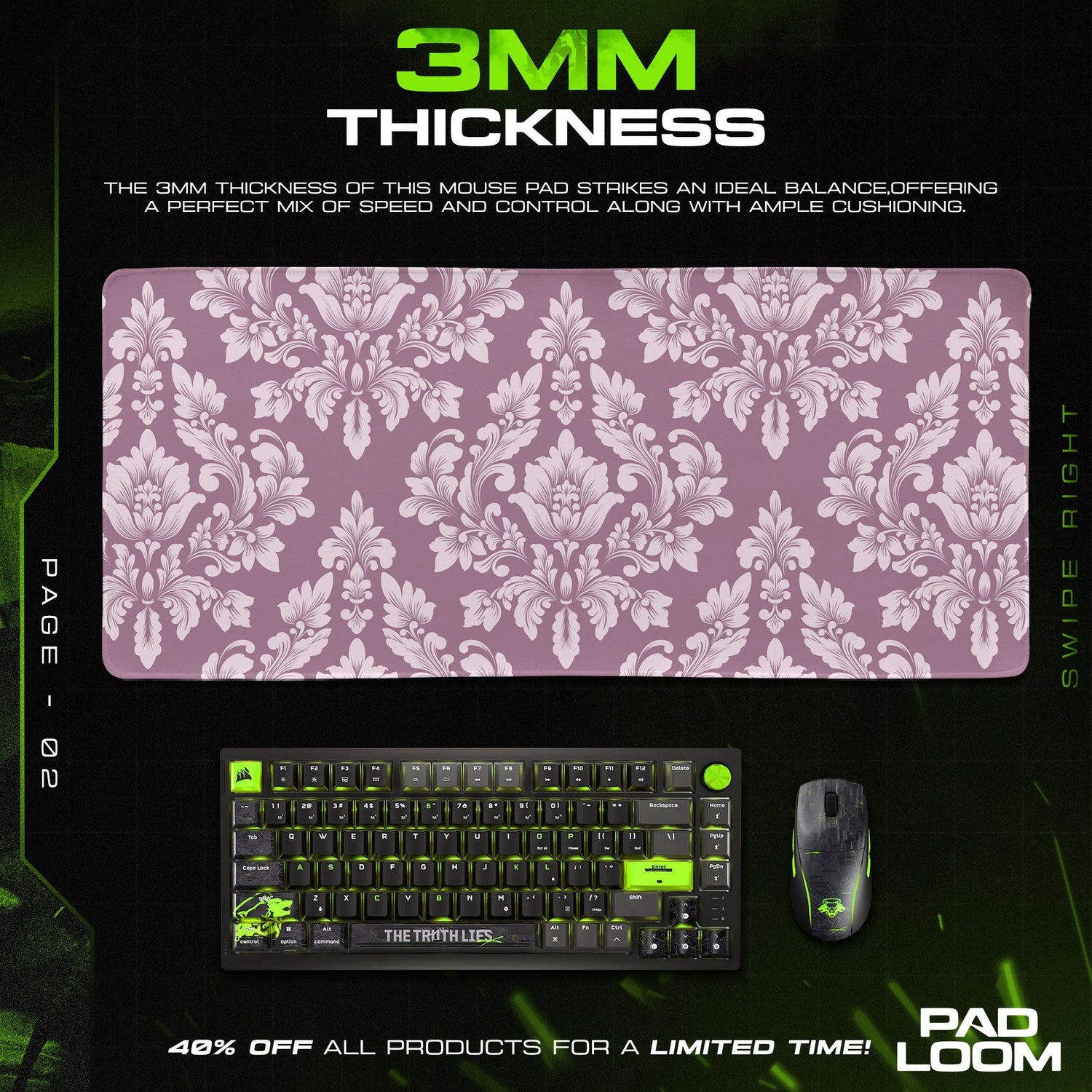 Pink Damask Mouse Pad, Soft Baroque Floral Gaming Desk Mat Padloom
