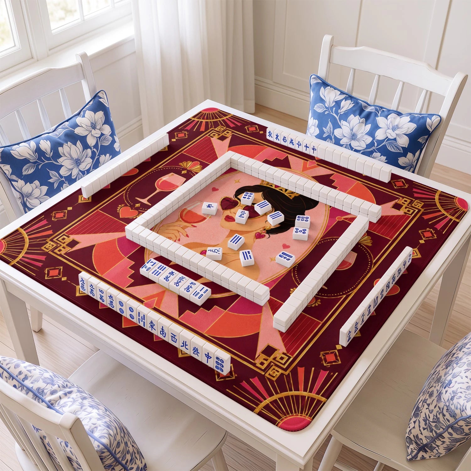 Pink Deco Queen mahjong mat with tiles and racks on the table