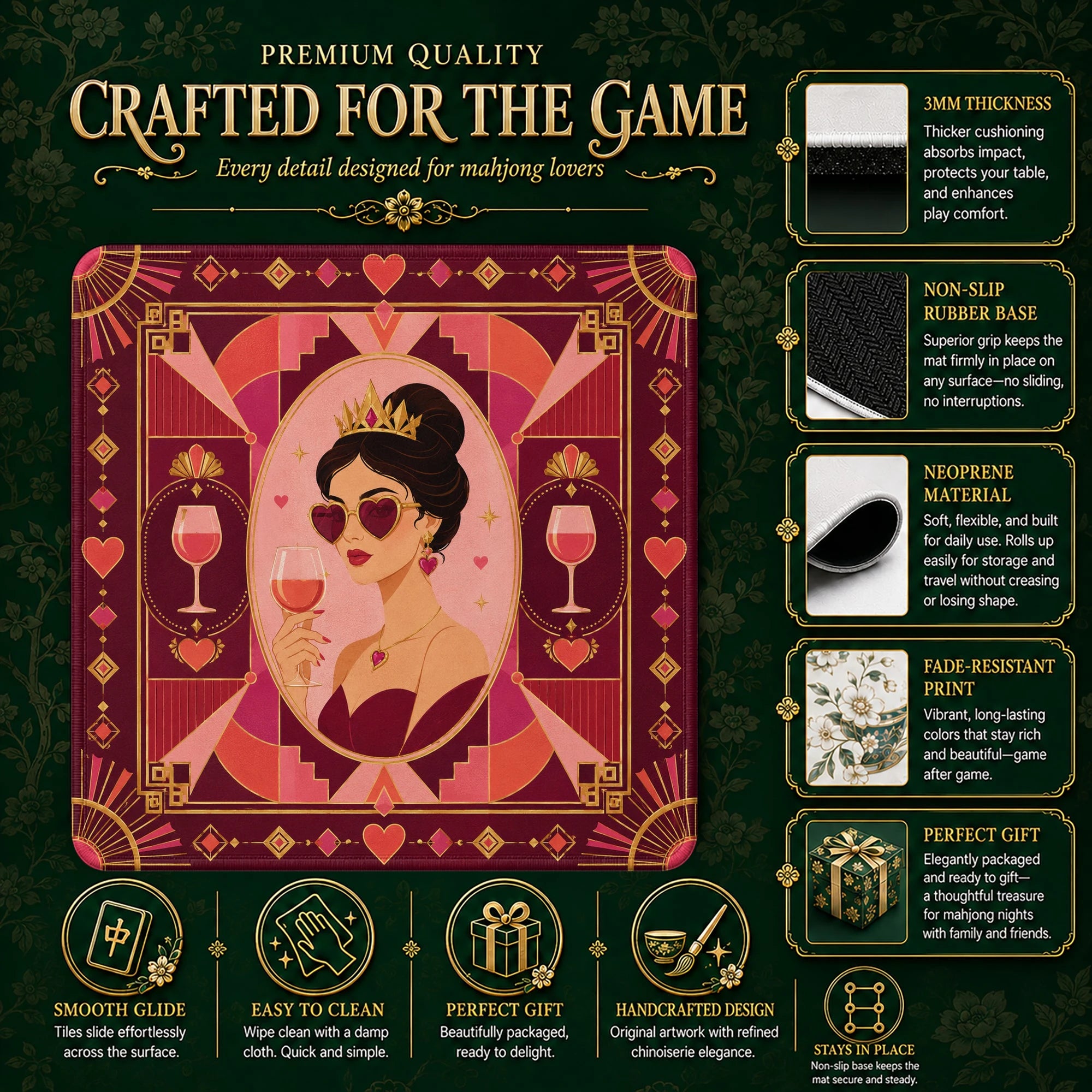 Pink Deco Queen Mahjong Mat – neoprene mah jongg table mat
