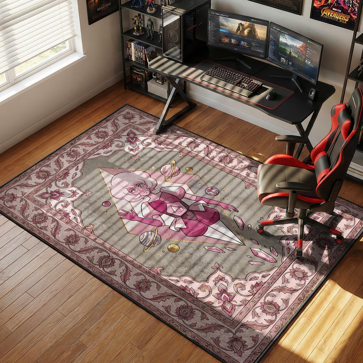 Close-up of Pink Diamond rug showing gold-outlined diamond frame detail on velvet surface