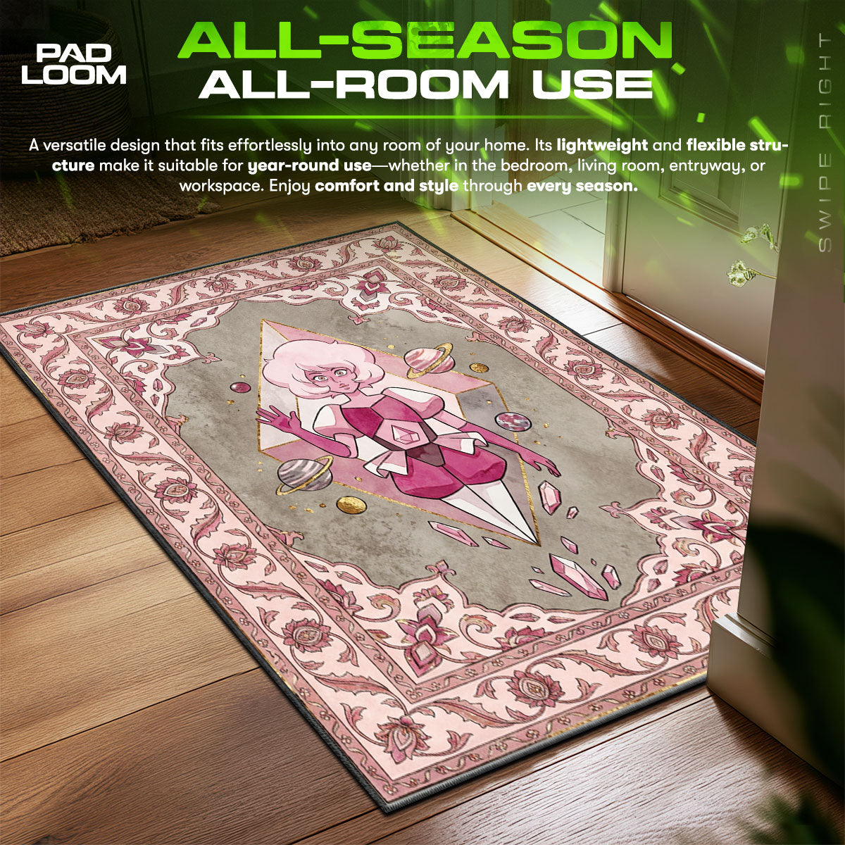 Pink area rug showing full home decor artwork