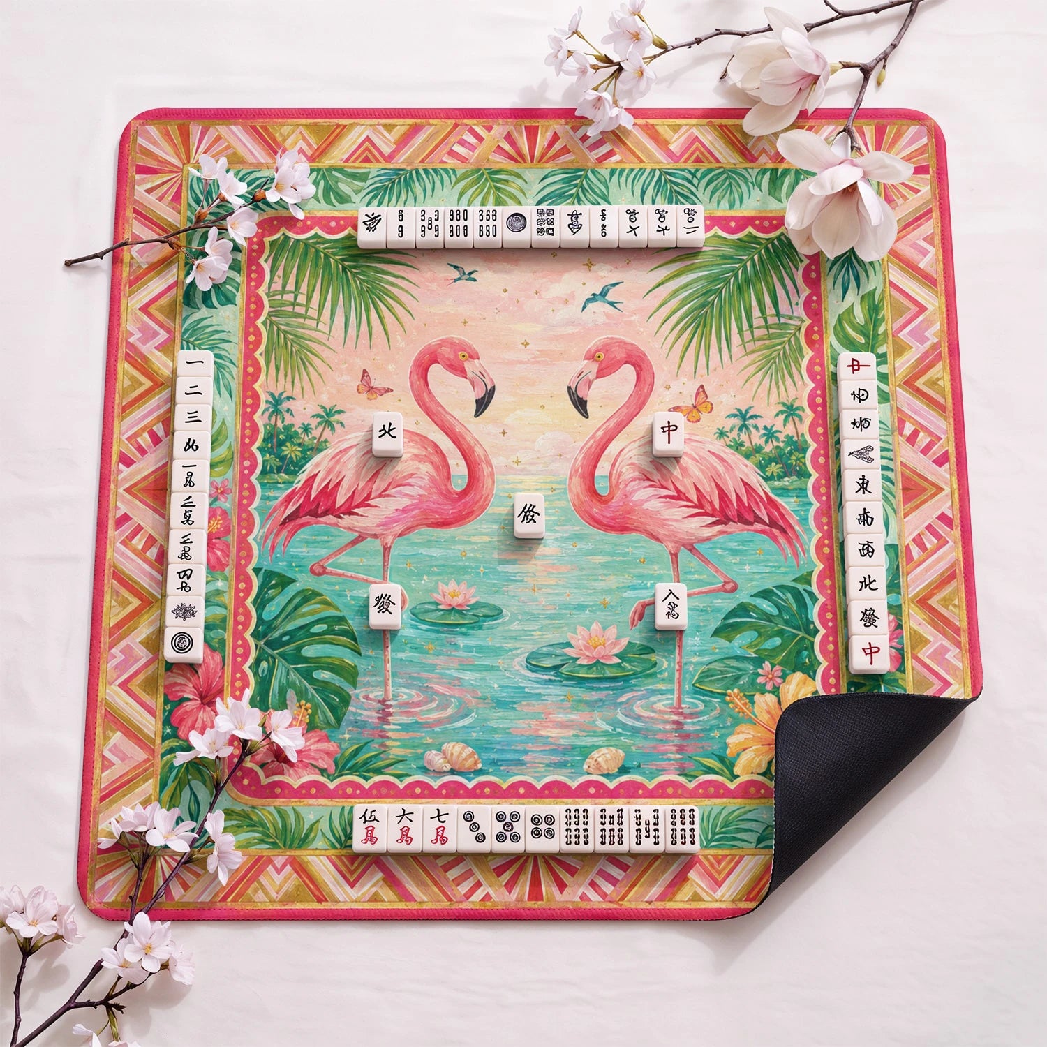 Pink Flamingo design close-up on mahjong mat surface