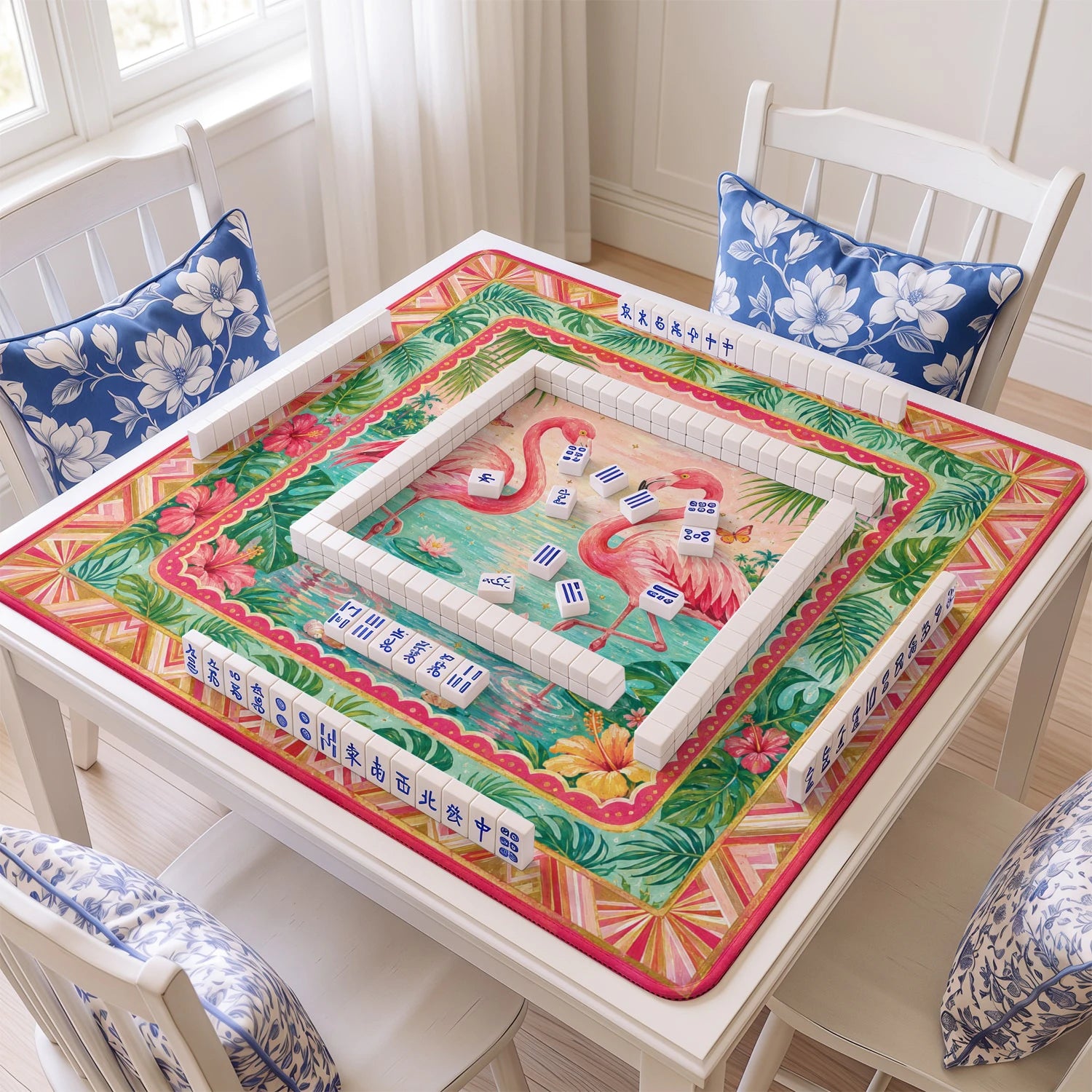Pink Flamingo mahjong mat with tiles and racks on the table
