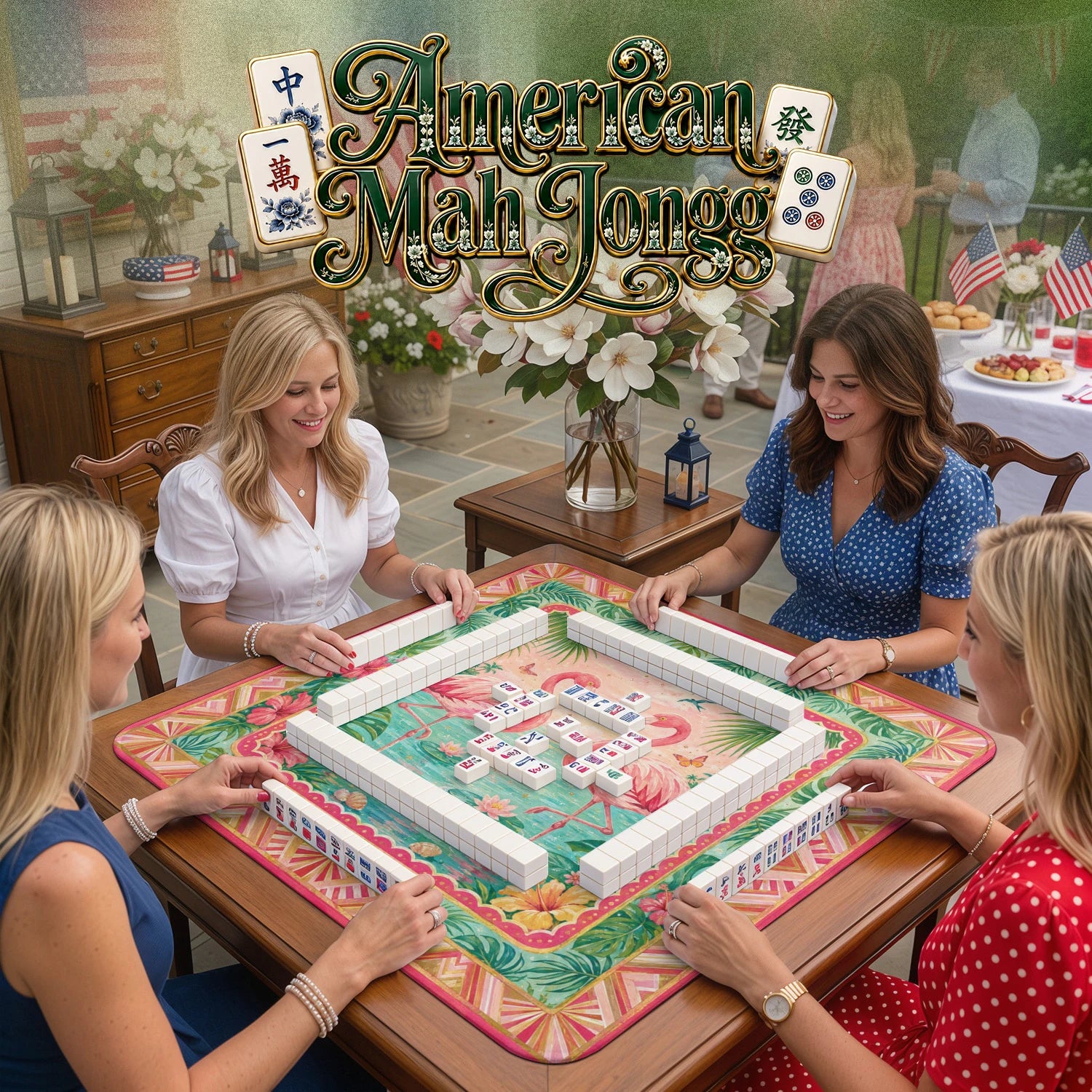 Pink Flamingo – non-slip mahjong table mat detail