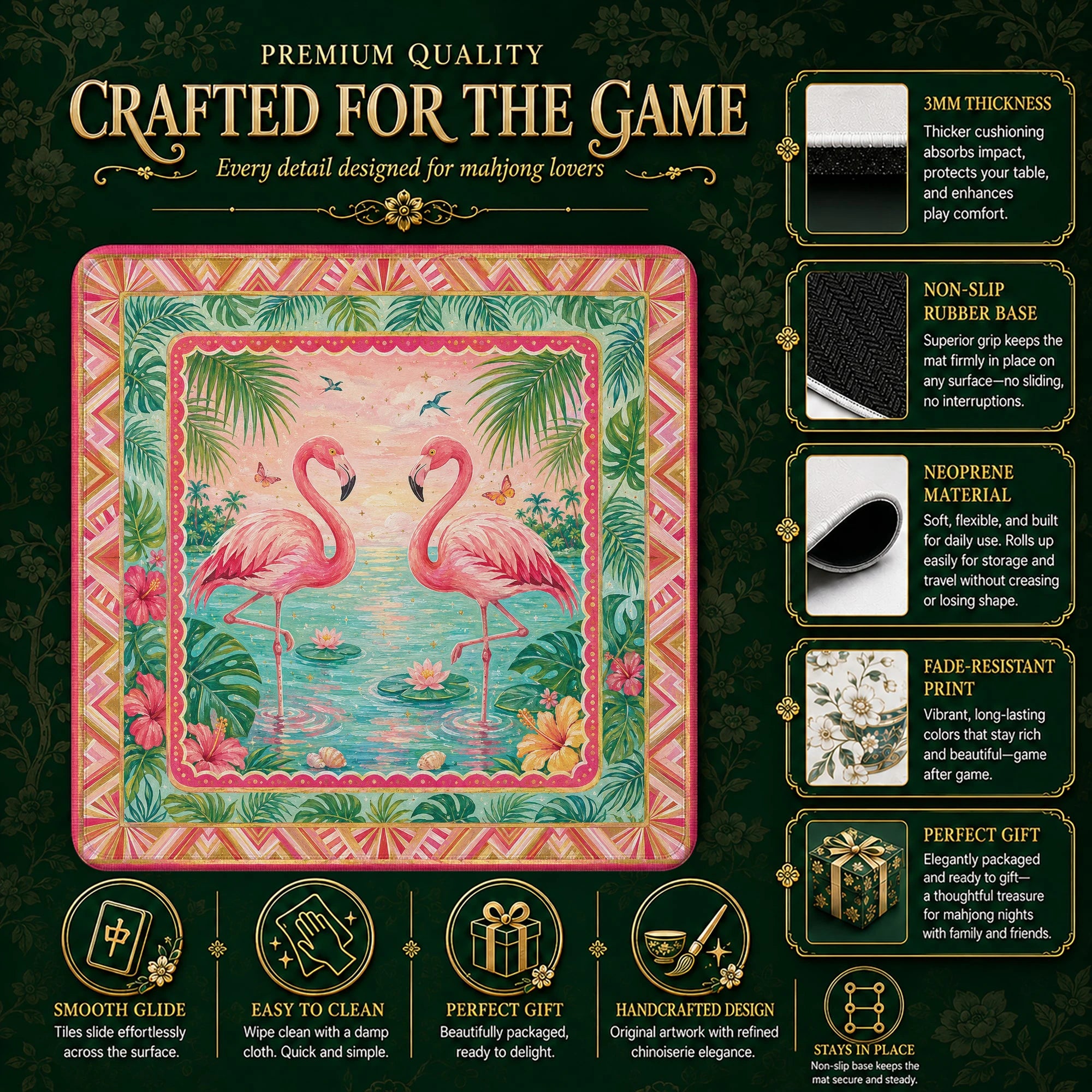 Pink Flamingo Mahjong Mat – neoprene mah jongg table mat