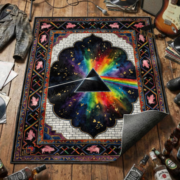 Pink Floyd Dark Side of the Moon prism area rug with rainbow spectrum flying pigs and brick wall tapestry