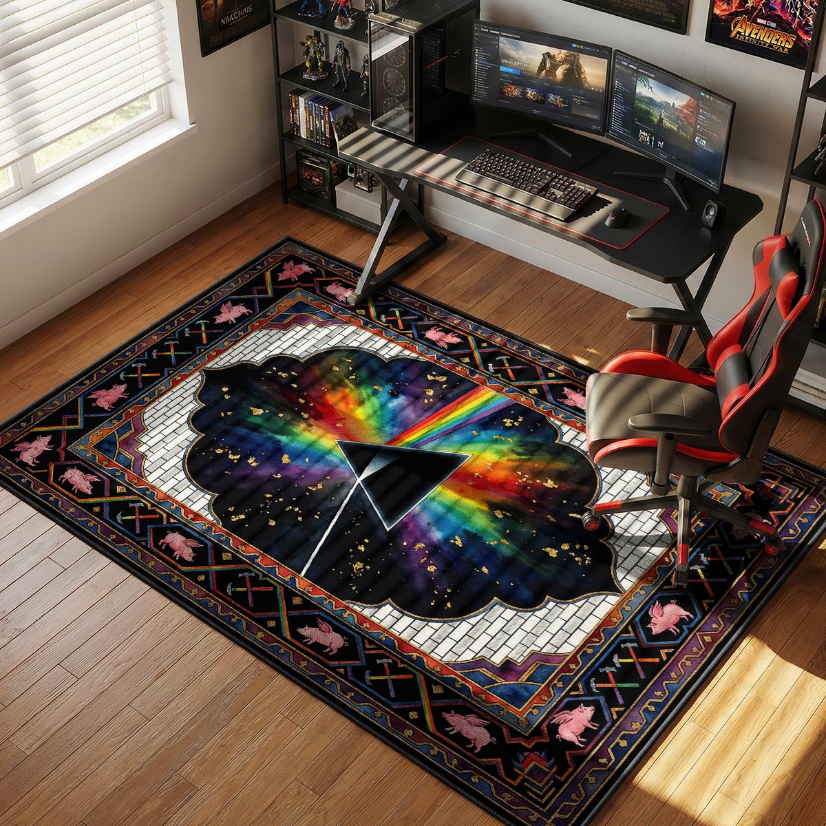 Pink Floyd prog rock rug placed in a dim studio room with dark walls and warm ambient lighting