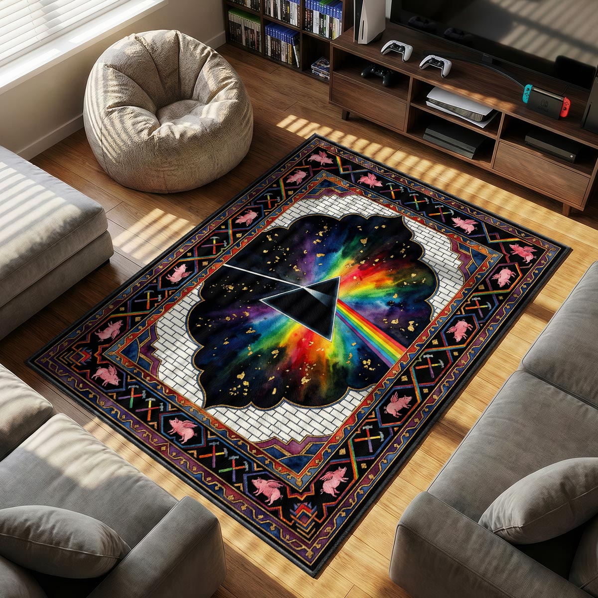 Close-up of Pink Floyd prism rug showing rainbow gradient detail and gold leaf flecks on velvet fiber