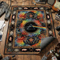 Pink Floyd psychedelic prism area rug with rainbow bricks flying pigs and gold arabesques on ornate tapestry