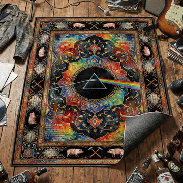 Pink Floyd psychedelic prism area rug with rainbow bricks flying pigs and gold arabesques on ornate tapestry