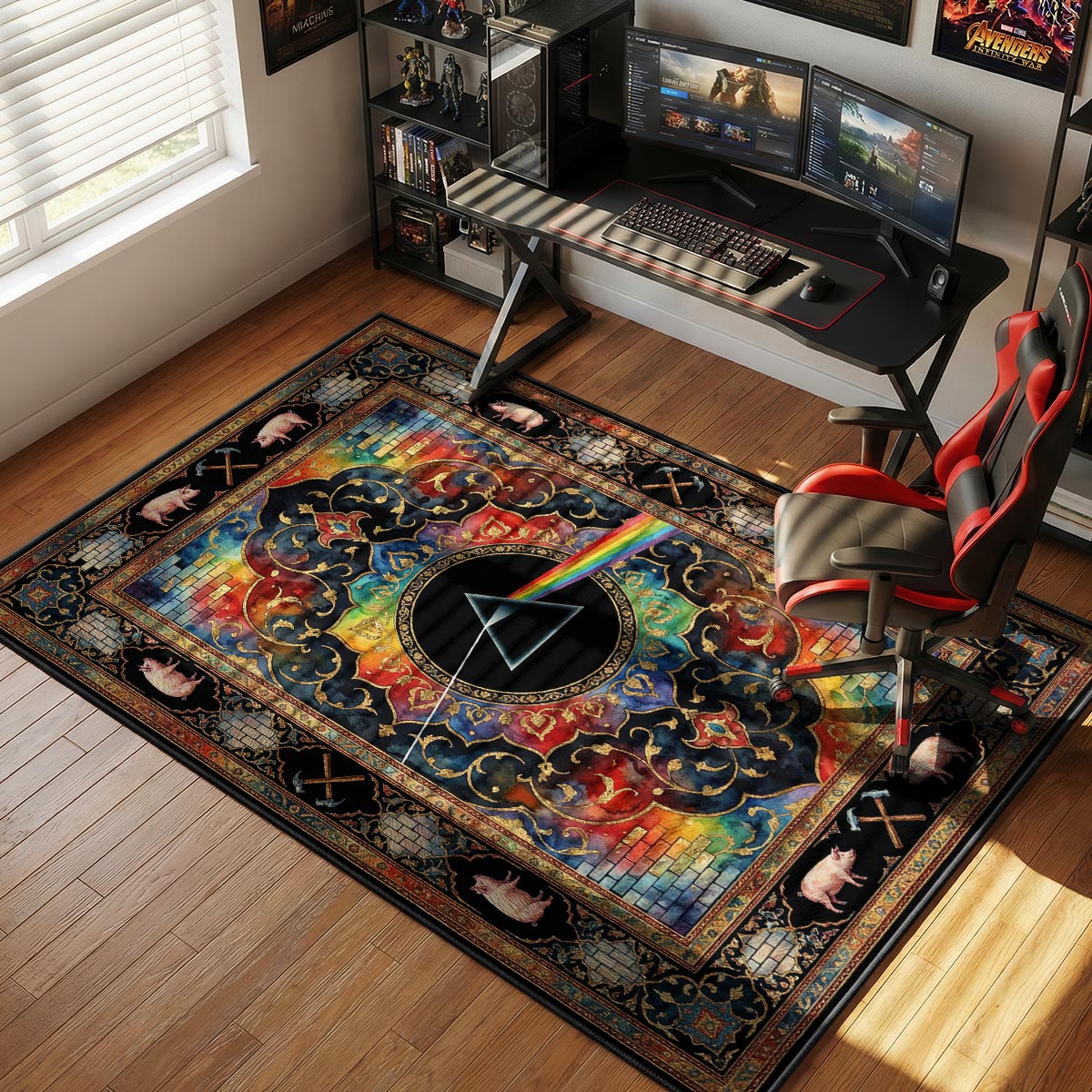 Pink Floyd colorful prog rock rug placed in a bright living room with neutral walls and natural light