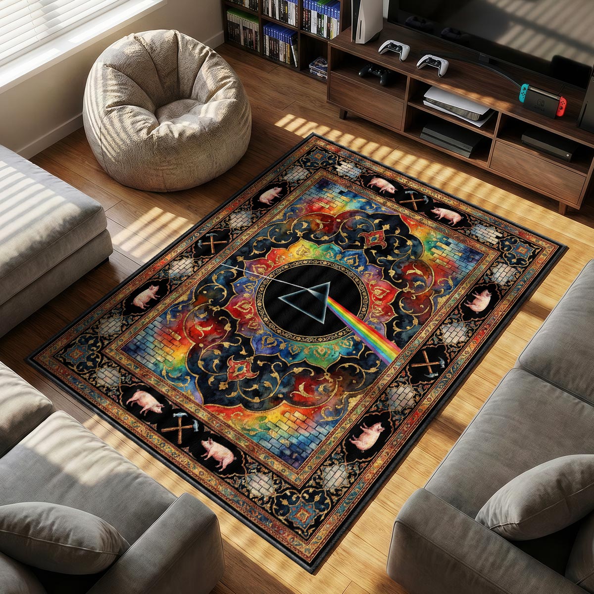 Close-up of Pink Floyd rug showing rainbow brick gradient and gold arabesque detail on plush fiber