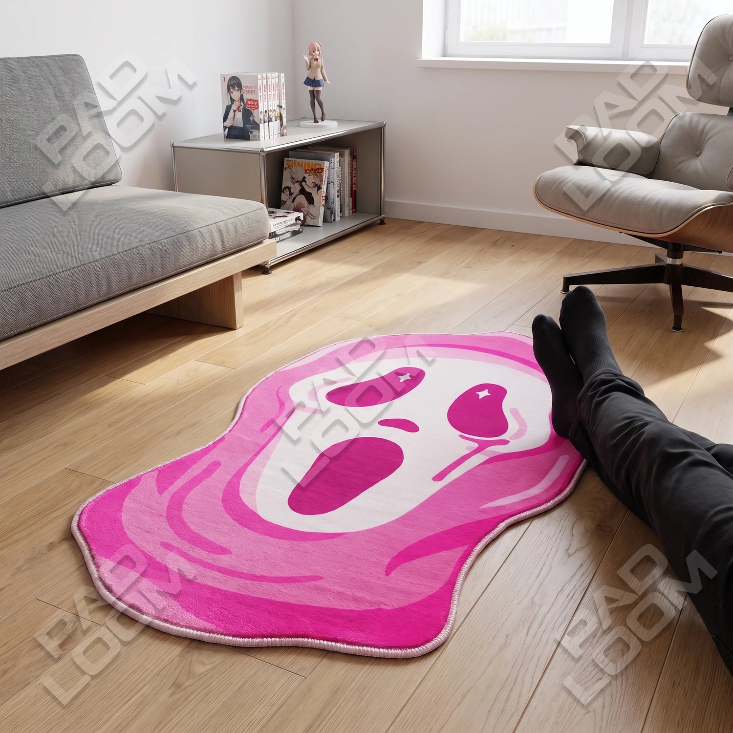 Pink Ghostface shaped rug shown in a room setting