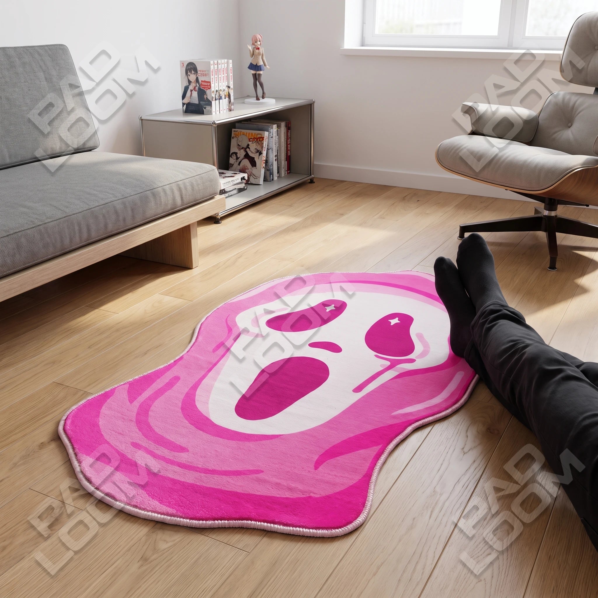 Pink Ghostface shaped rug shown in a room setting