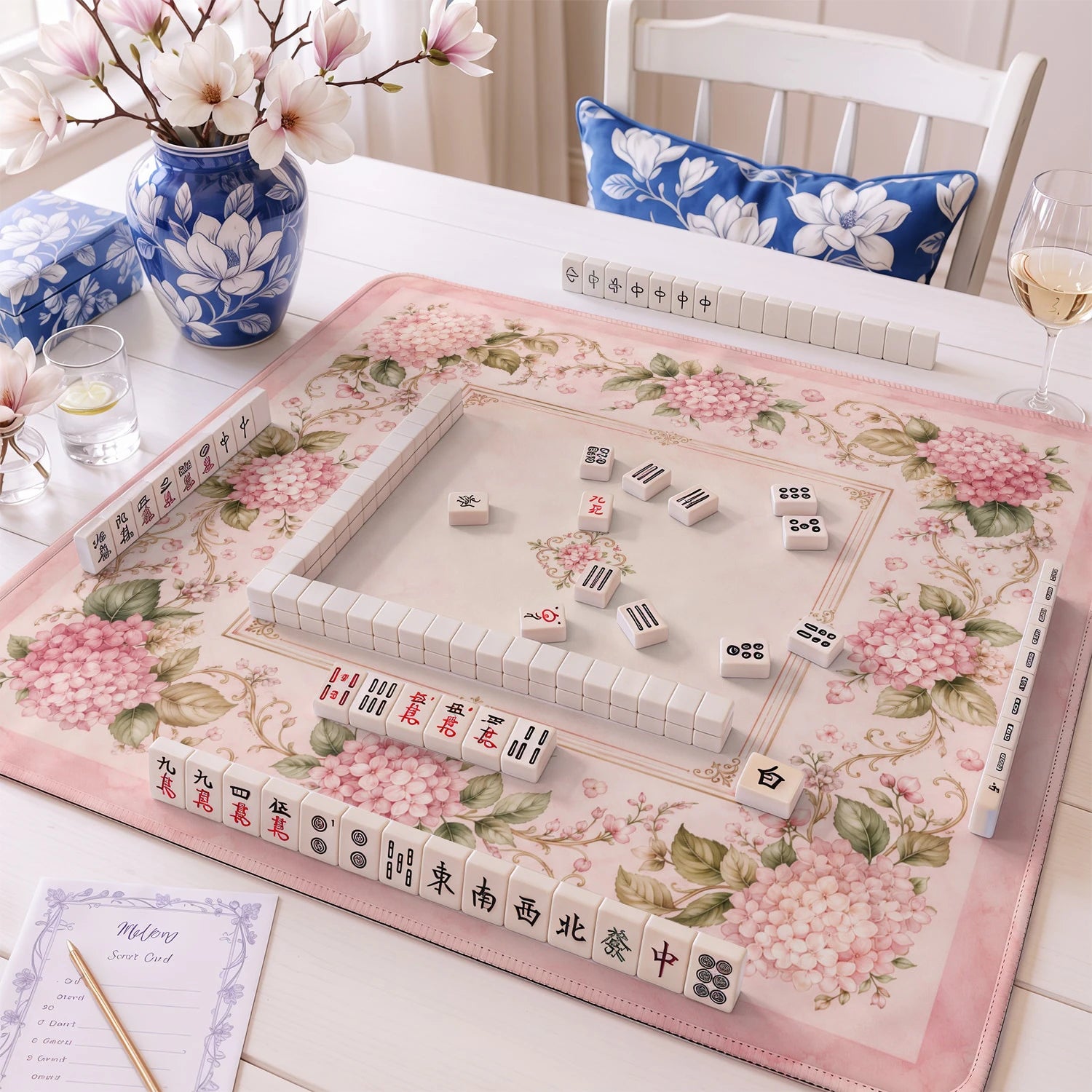 Pink Hydrangea Mahjong Mat - Mah Jongg Table Mat