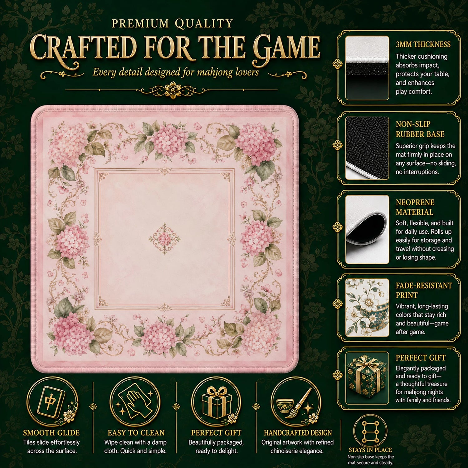Pink Hydrangea Mahjong Mat - Mah Jongg Table Mat