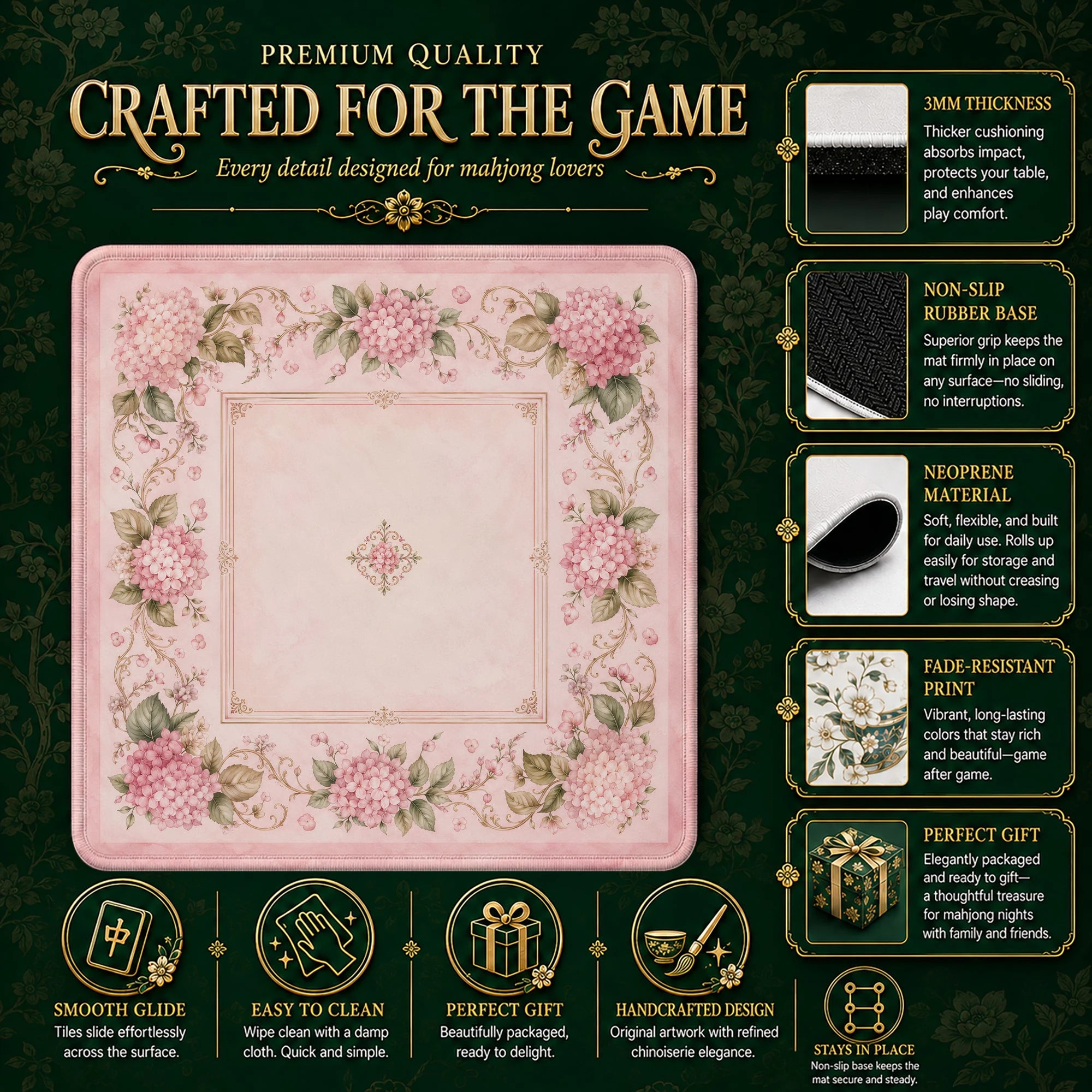 Pink Hydrangea Mahjong Mat - Mah Jongg Table Mat