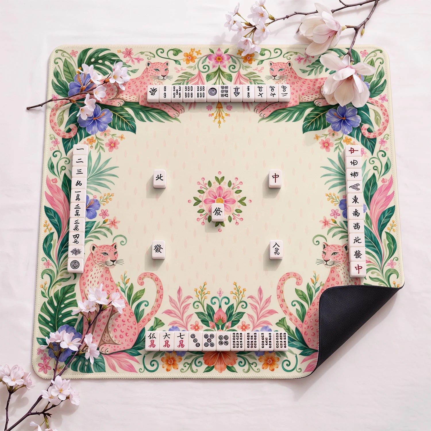 Pink Leopard design close-up on mahjong mat surface