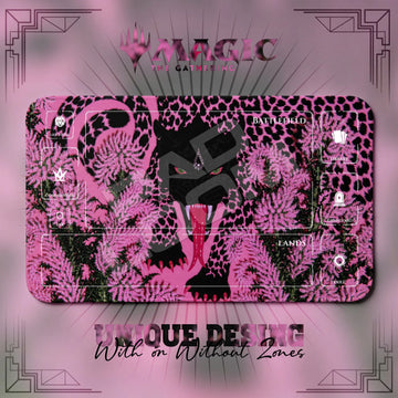 Pink Leopard Thistle MTG playmat, pink and black art with play zones, 24 x 14 in