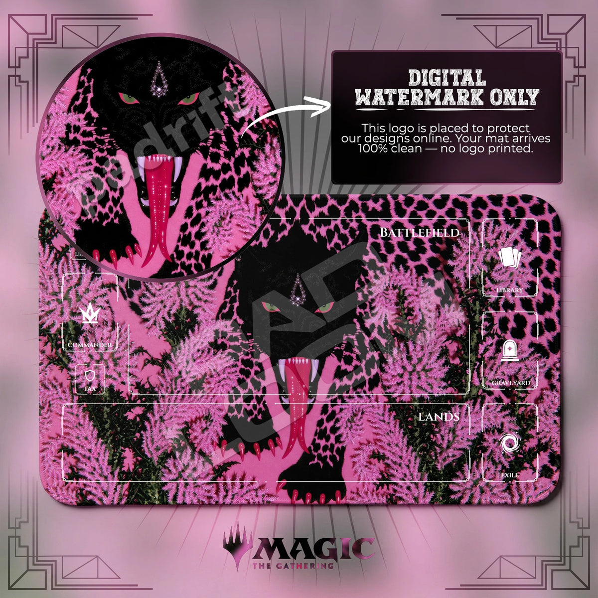 Pink Leopard Thistle MTG playmat with zones; the Padloom watermark is digital only, not printed