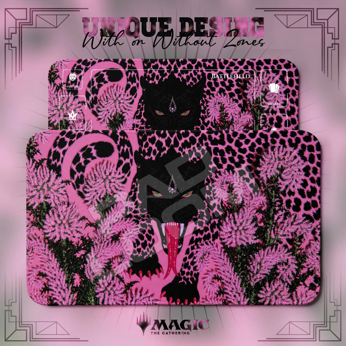 Pink Leopard Thistle MTG playmat shown with zones and without zones