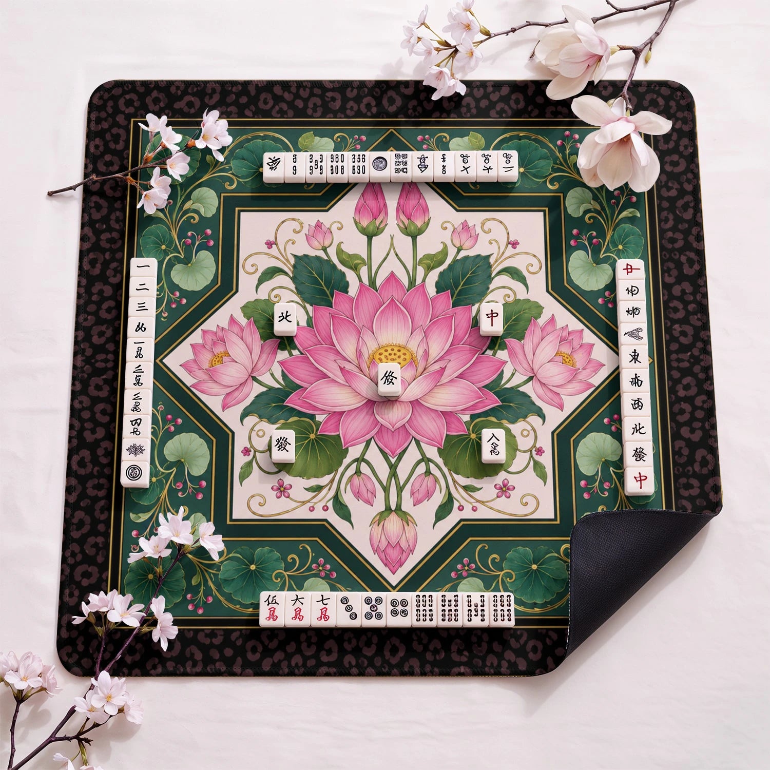 Pink Lotus design close-up on mahjong mat surface