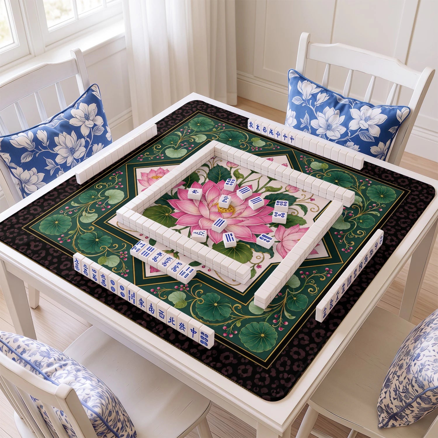 Pink Lotus mahjong mat with tiles and racks on the table