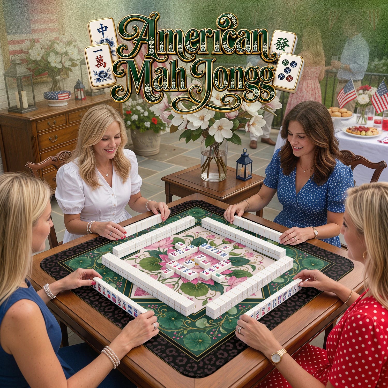 Pink Lotus – non-slip mahjong table mat detail